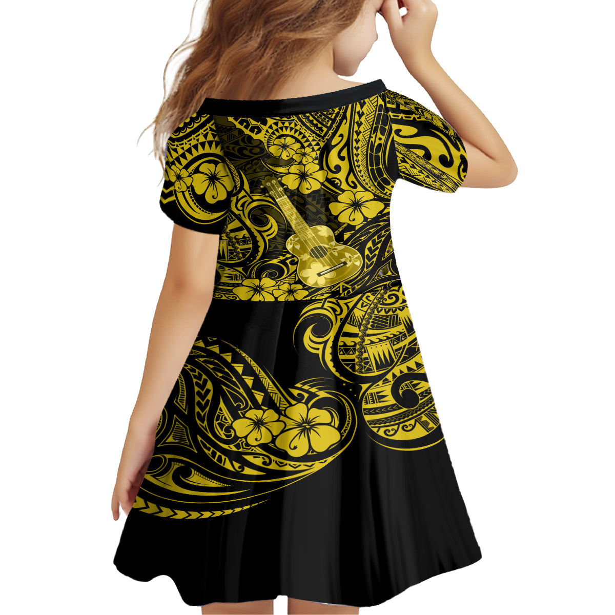 Hawaii Ukulele Kid Short Sleeve Dress Polynesian Pattern Yellow Version - Wonder Print Shop