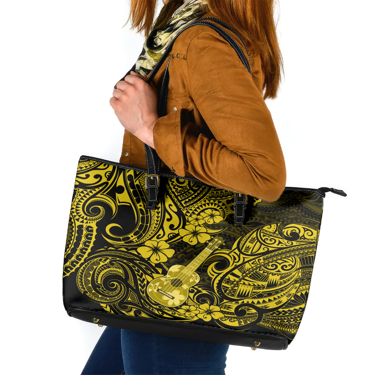 Hawaii Ukulele Leather Tote Bag Polynesian Pattern Yellow Version - Wonder Print Shop