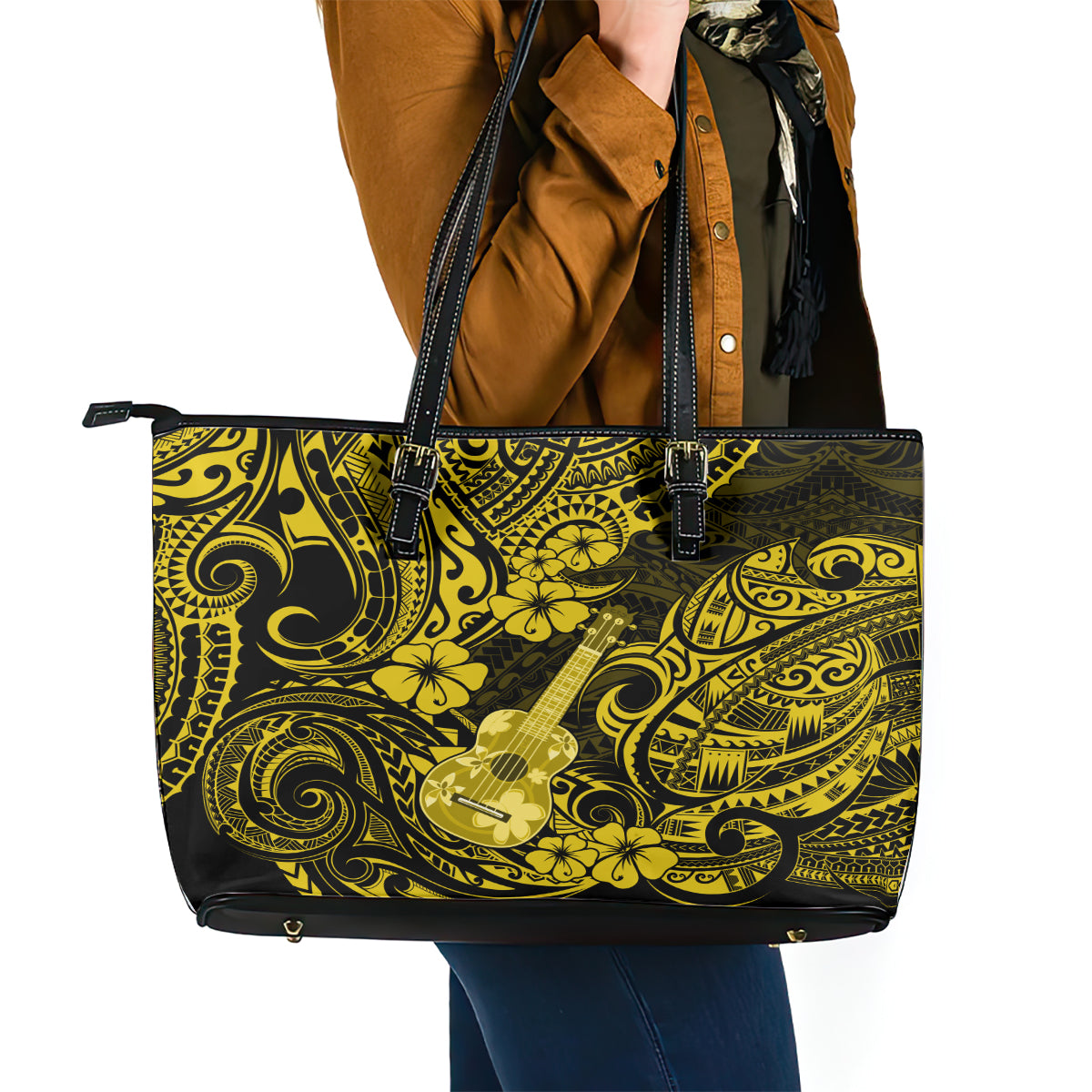 Hawaii Ukulele Leather Tote Bag Polynesian Pattern Yellow Version - Wonder Print Shop