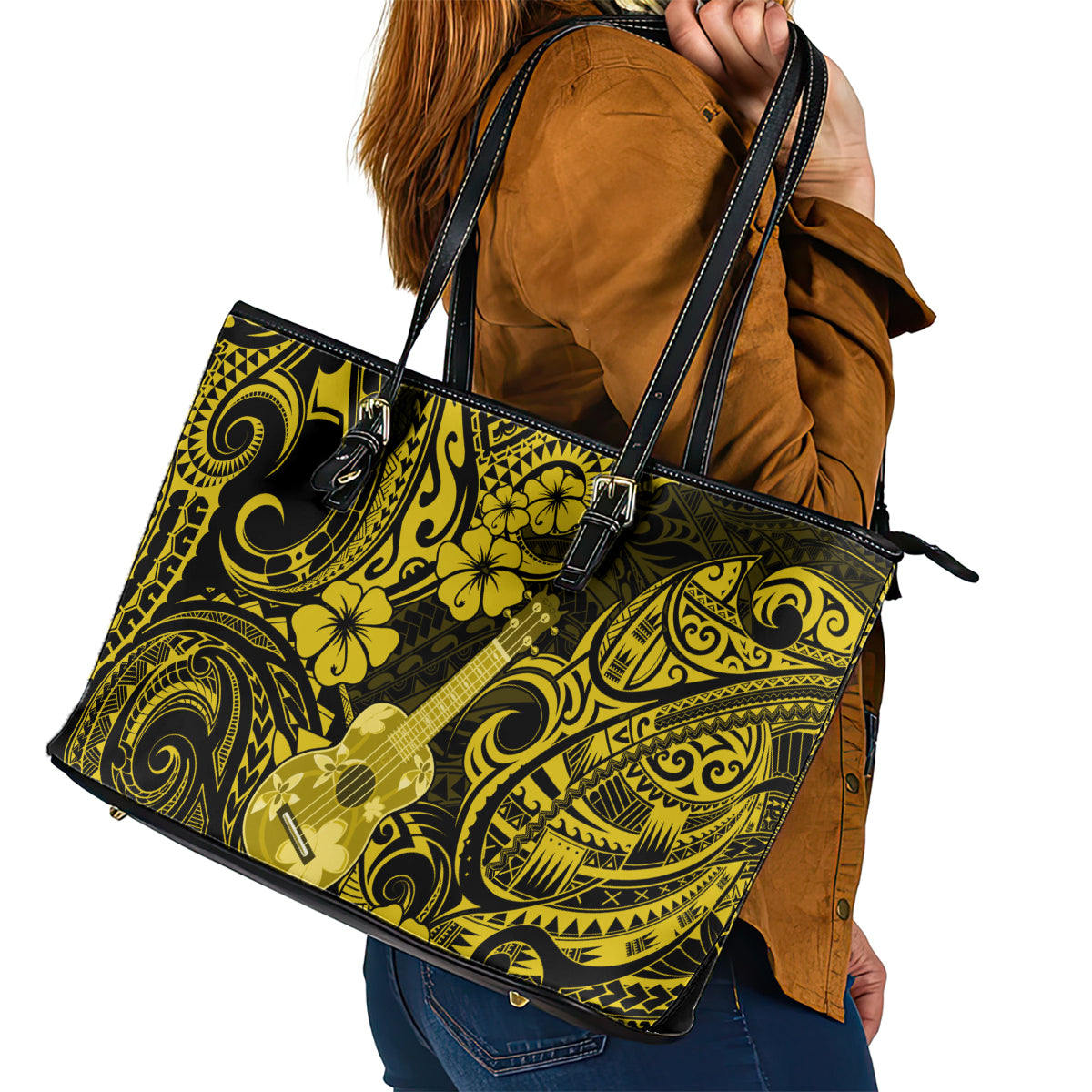 Hawaii Ukulele Leather Tote Bag Polynesian Pattern Yellow Version - Wonder Print Shop
