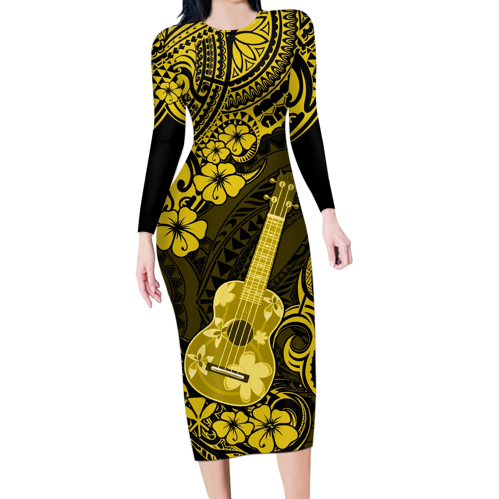 Hawaii Ukulele Long Sleeve Bodycon Dress Polynesian Pattern Yellow Version - Wonder Print Shop