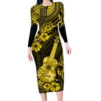 Hawaii Ukulele Long Sleeve Bodycon Dress Polynesian Pattern Yellow Version - Wonder Print Shop