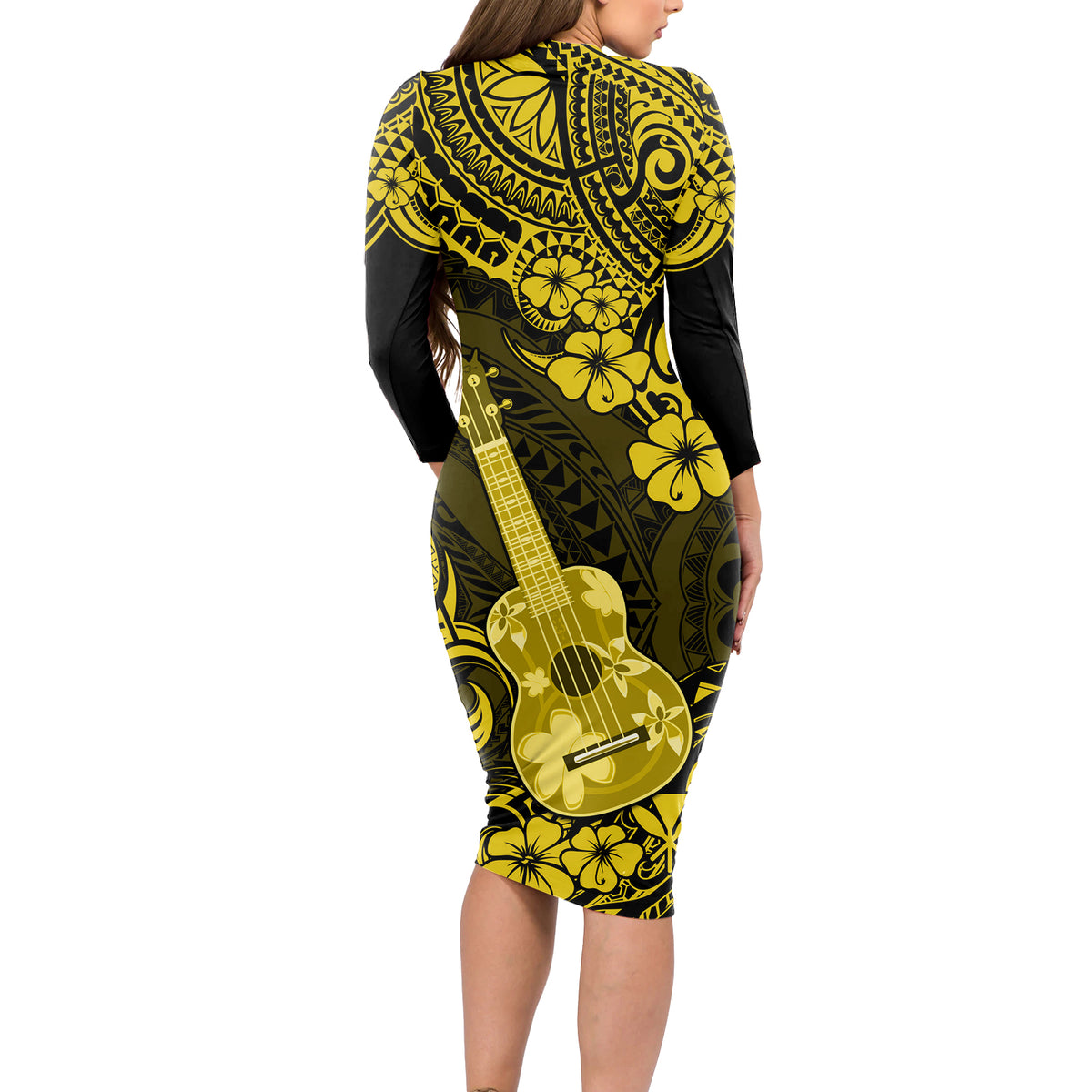 Hawaii Ukulele Long Sleeve Bodycon Dress Polynesian Pattern Yellow Version - Wonder Print Shop