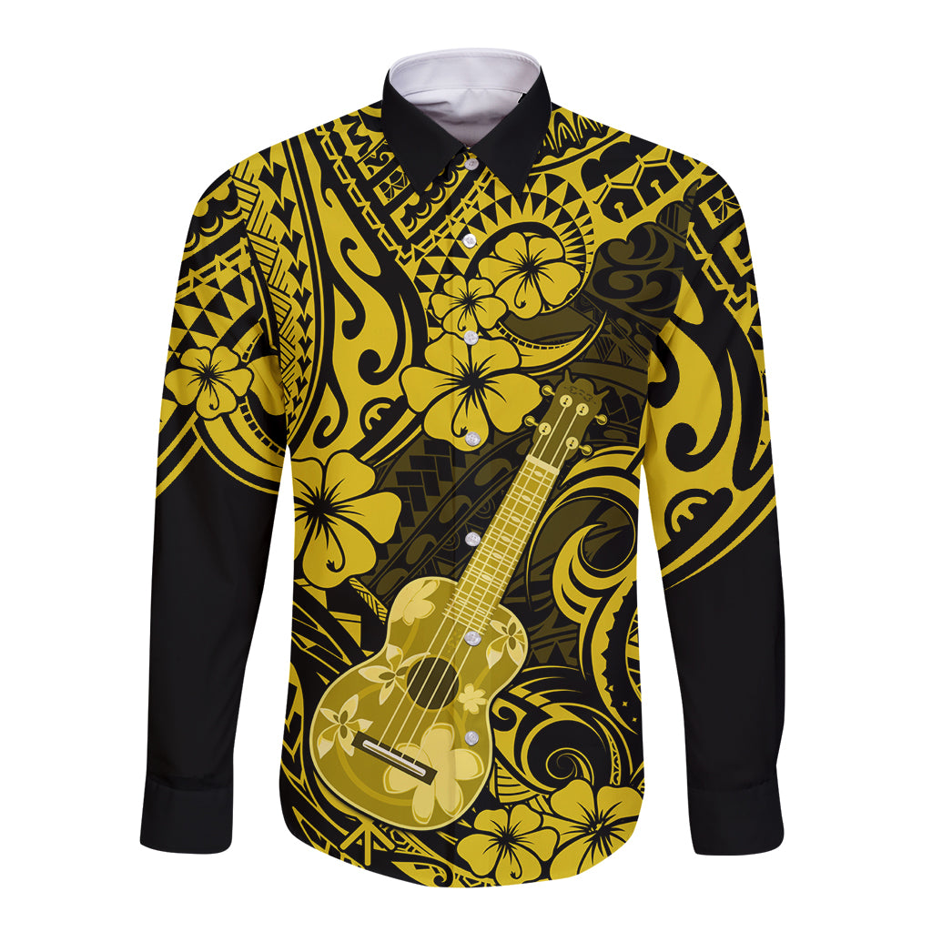 Hawaii Ukulele Long Sleeve Button Shirt Polynesian Pattern Yellow Version - Wonder Print Shop