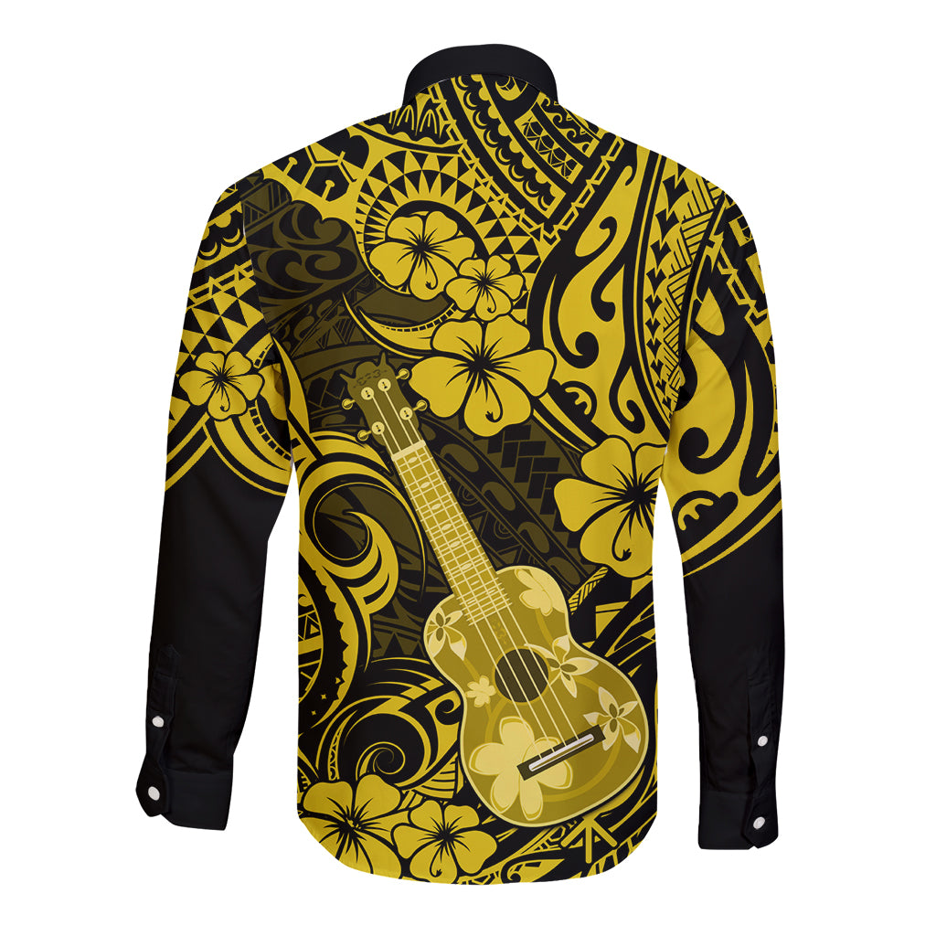Hawaii Ukulele Long Sleeve Button Shirt Polynesian Pattern Yellow Version - Wonder Print Shop