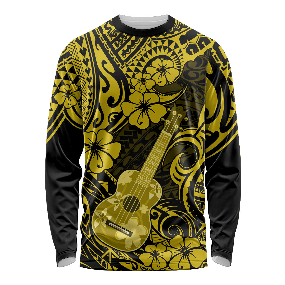 Hawaii Ukulele Long Sleeve Shirt Polynesian Pattern Yellow Version - Wonder Print Shop