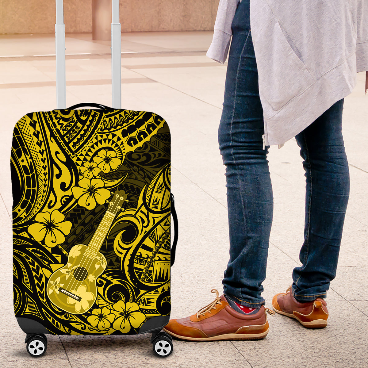 Hawaii Ukulele Luggage Cover Polynesian Pattern Yellow Version - Wonder Print Shop
