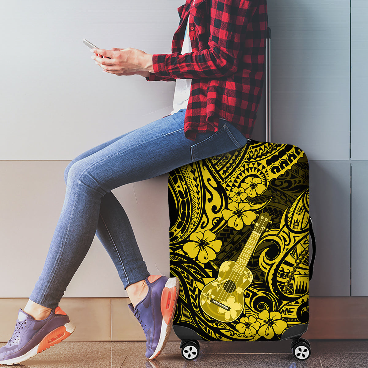 Hawaii Ukulele Luggage Cover Polynesian Pattern Yellow Version - Wonder Print Shop