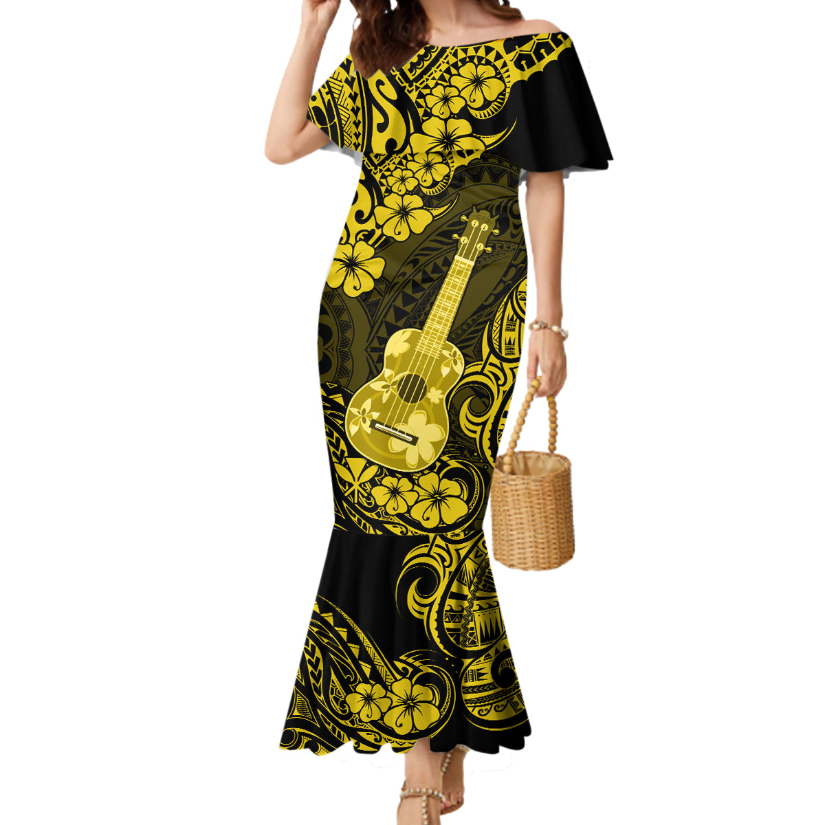 Hawaii Ukulele Mermaid Dress Polynesian Pattern Yellow Version - Wonder Print Shop