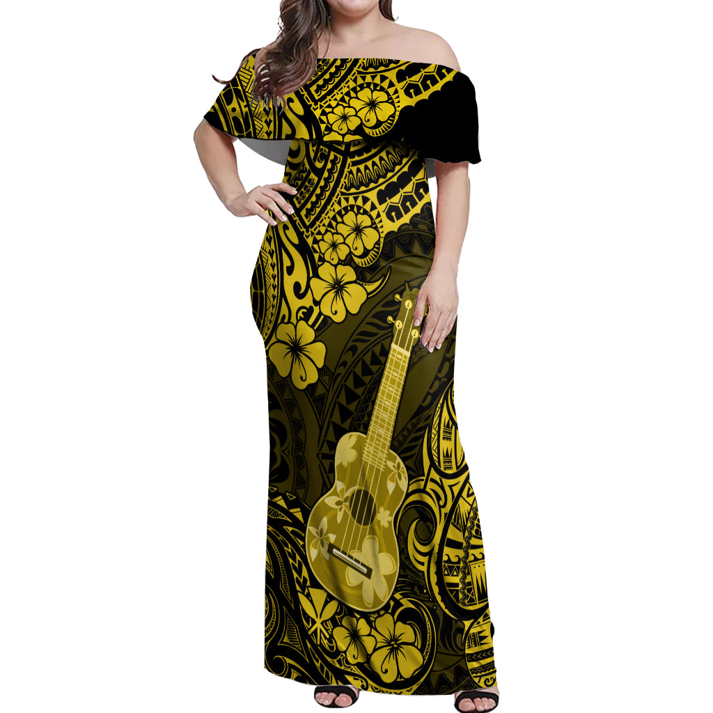 Hawaii Ukulele Off Shoulder Maxi Dress Polynesian Pattern Yellow Version - Wonder Print Shop