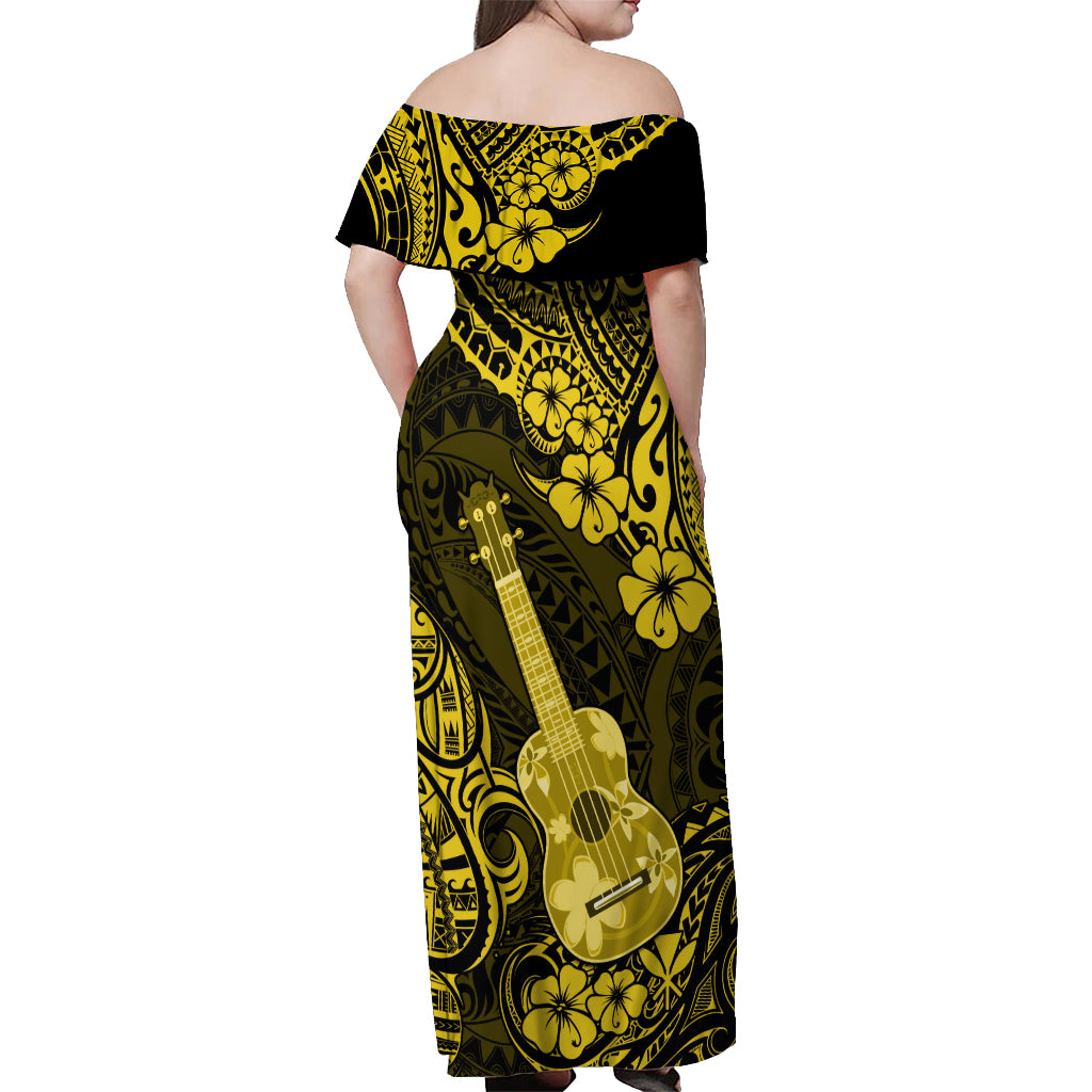 Hawaii Ukulele Off Shoulder Maxi Dress Polynesian Pattern Yellow Version - Wonder Print Shop