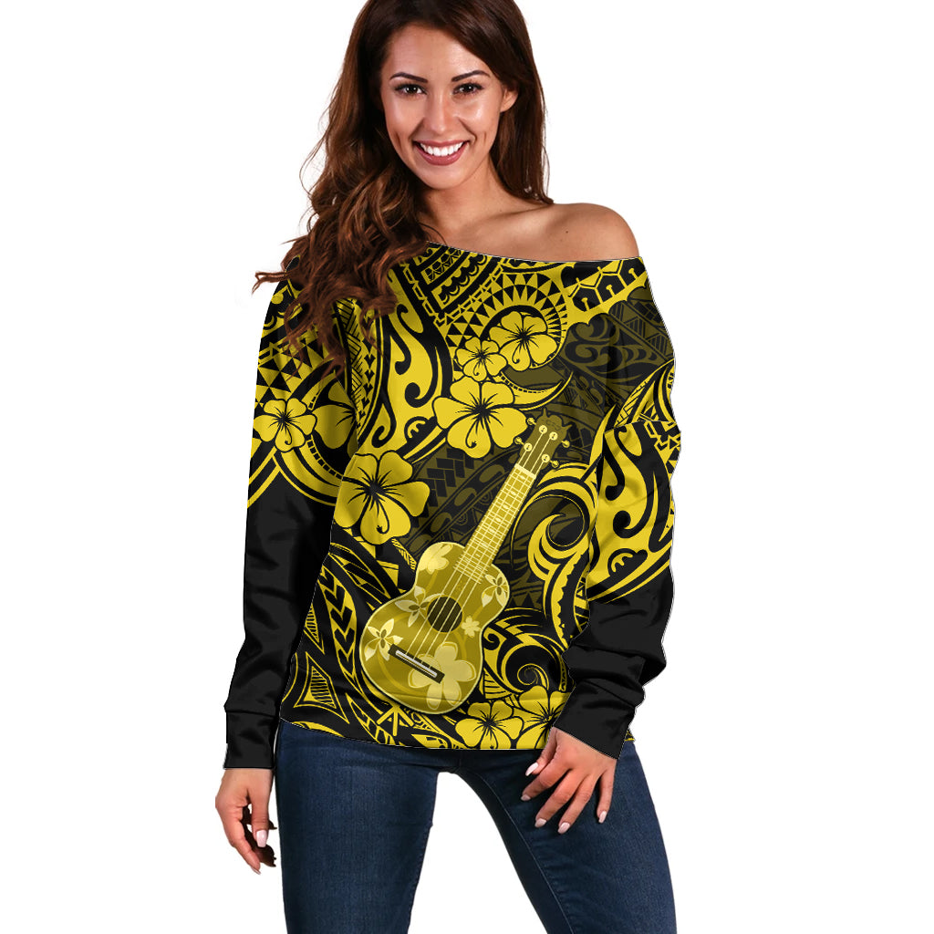 Hawaii Ukulele Off Shoulder Sweater Polynesian Pattern Yellow Version - Wonder Print Shop