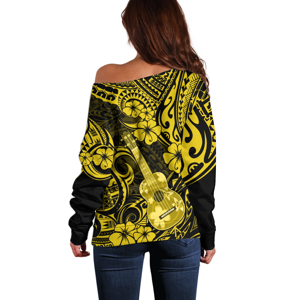 Hawaii Ukulele Off Shoulder Sweater Polynesian Pattern Yellow Version - Wonder Print Shop