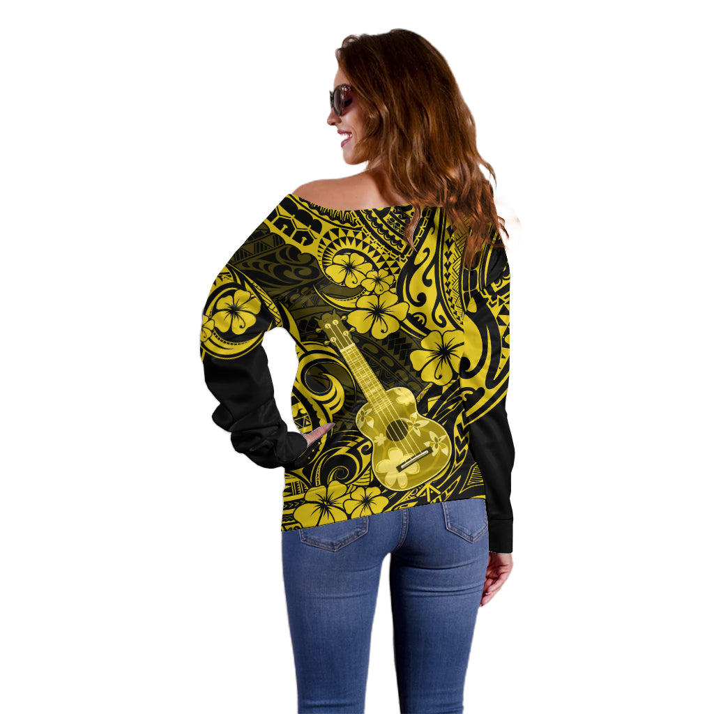 Hawaii Ukulele Off Shoulder Sweater Polynesian Pattern Yellow Version - Wonder Print Shop
