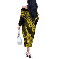 Hawaii Ukulele Off The Shoulder Long Sleeve Dress Polynesian Pattern Yellow Version - Wonder Print Shop