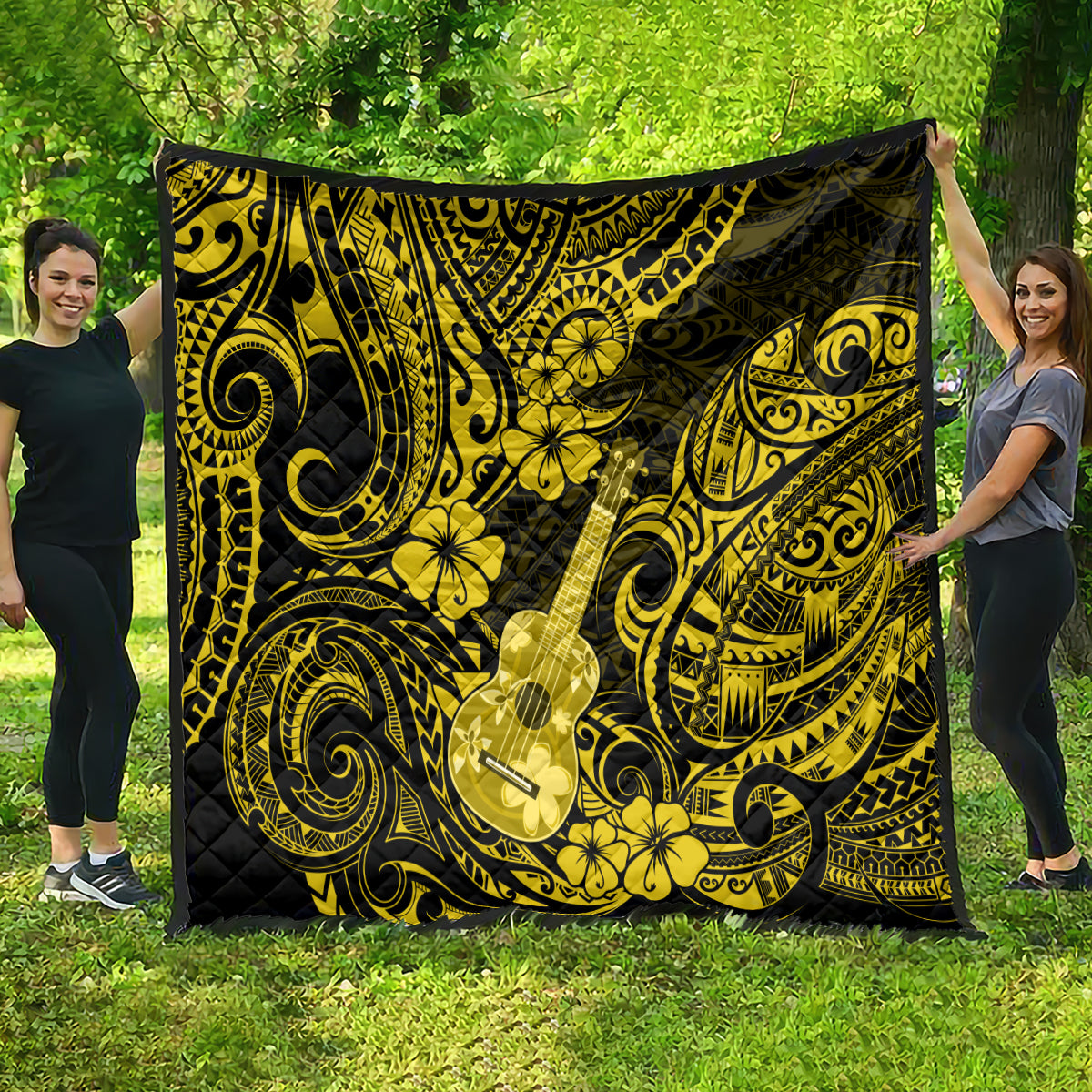 Hawaii Ukulele Quilt Polynesian Pattern Yellow Version - Wonder Print Shop
