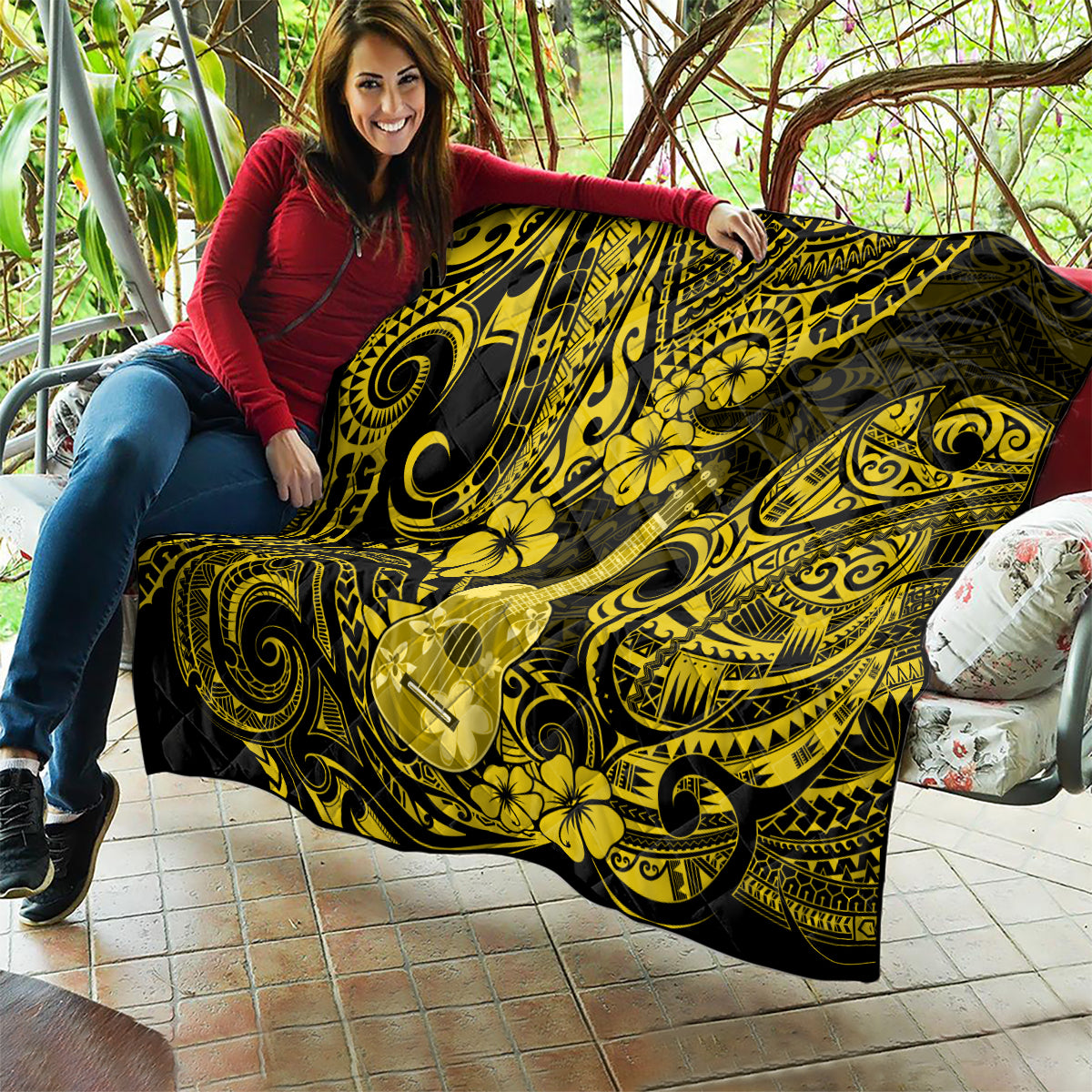 Hawaii Ukulele Quilt Polynesian Pattern Yellow Version - Wonder Print Shop