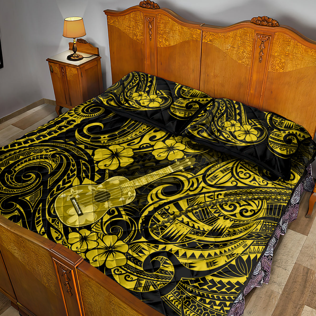 Hawaii Ukulele Quilt Bed Set Polynesian Pattern Yellow Version - Wonder Print Shop