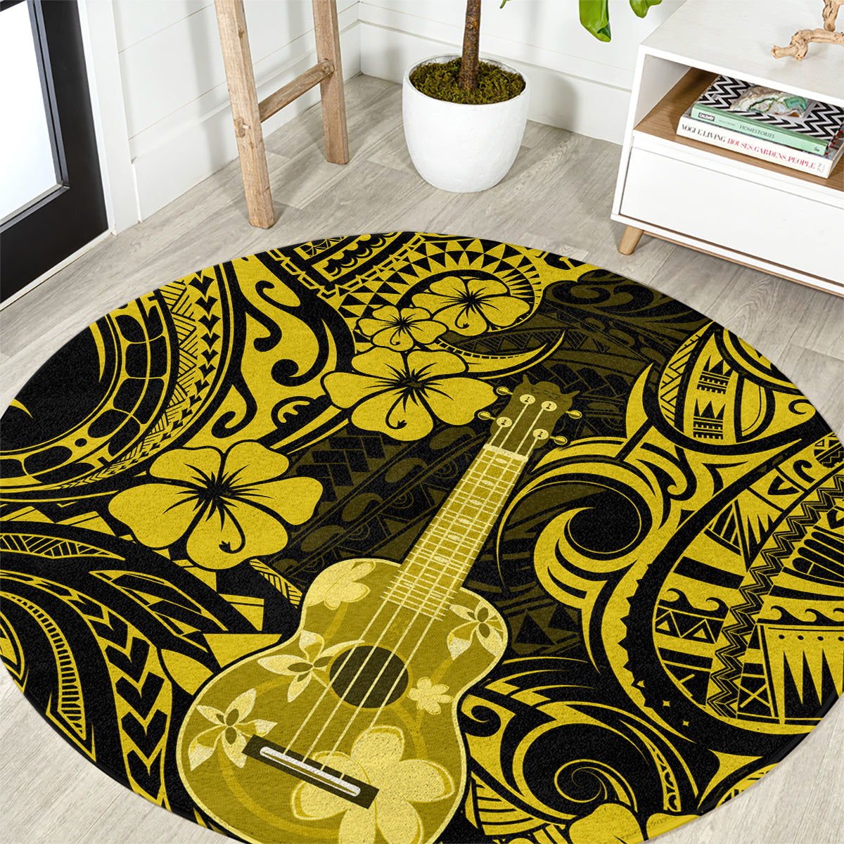 hawaii-ukulele-round-carpet-polynesian-pattern-yellow-version