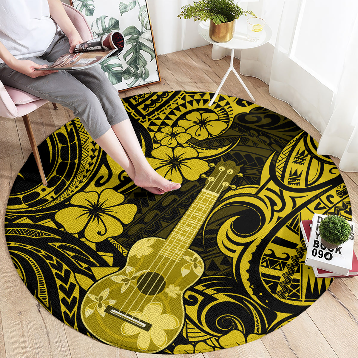 hawaii-ukulele-round-carpet-polynesian-pattern-yellow-version