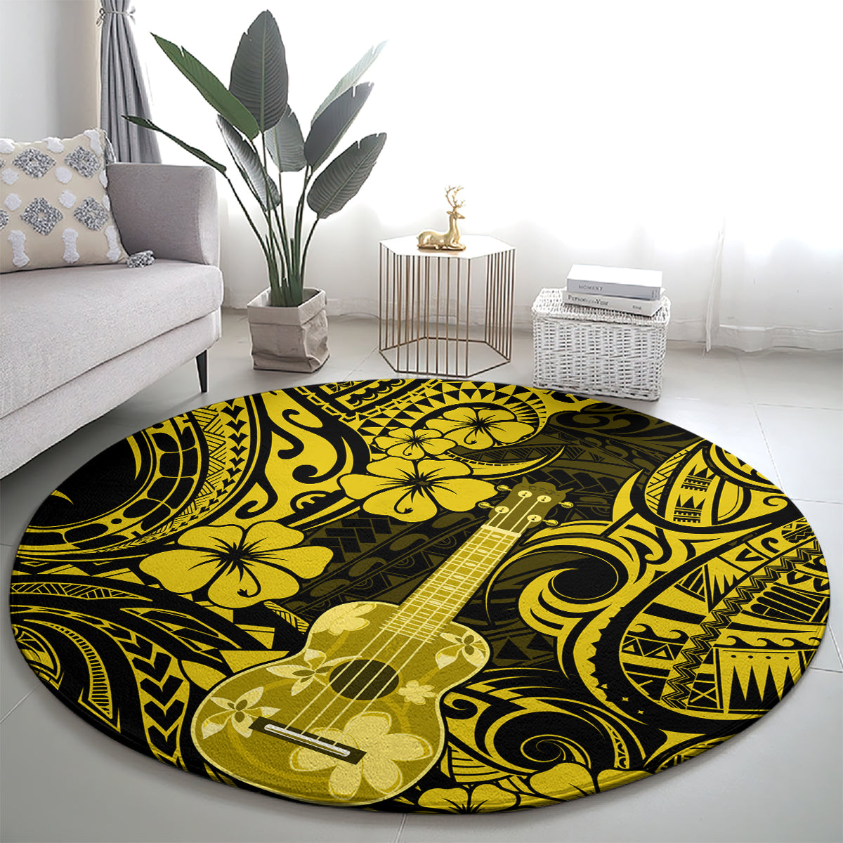 hawaii-ukulele-round-carpet-polynesian-pattern-yellow-version