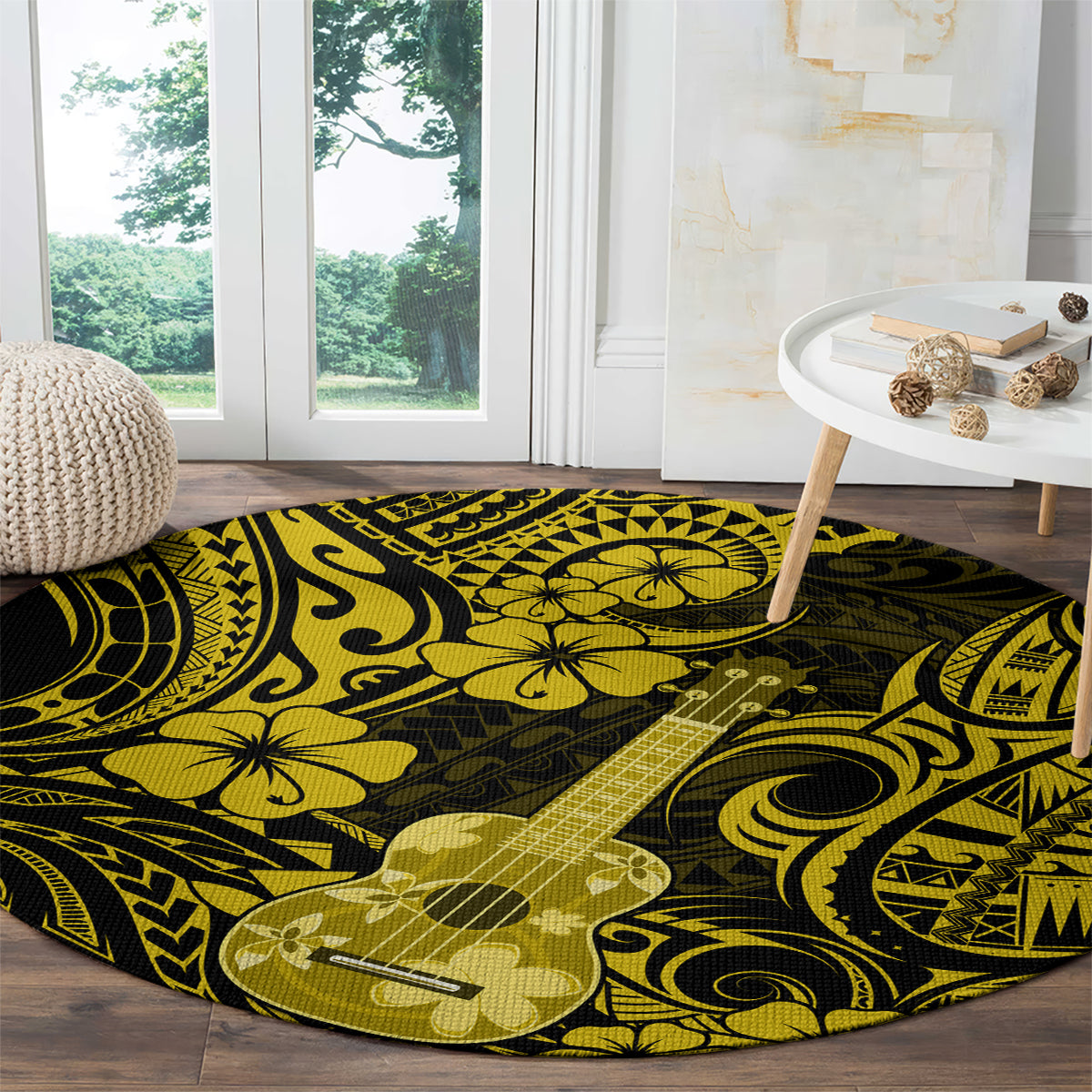 hawaii-ukulele-round-carpet-polynesian-pattern-yellow-version
