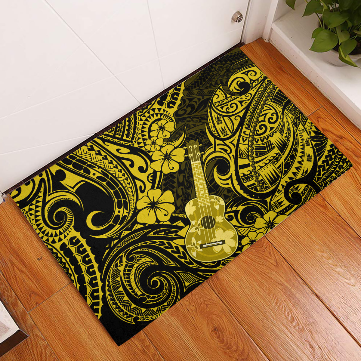 Hawaii Ukulele Rubber Doormat Polynesian Pattern Yellow Version - Wonder Print Shop