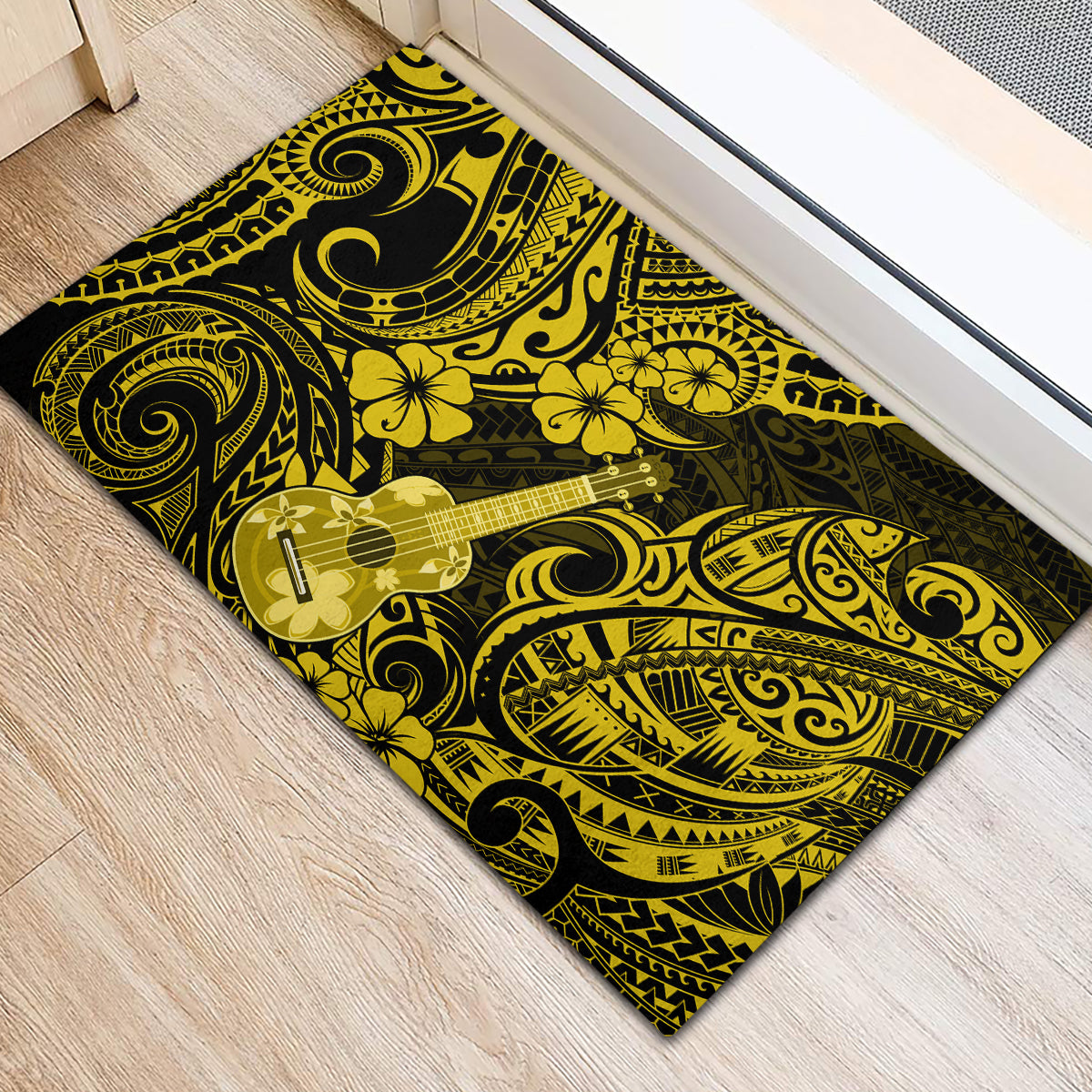 Hawaii Ukulele Rubber Doormat Polynesian Pattern Yellow Version - Wonder Print Shop