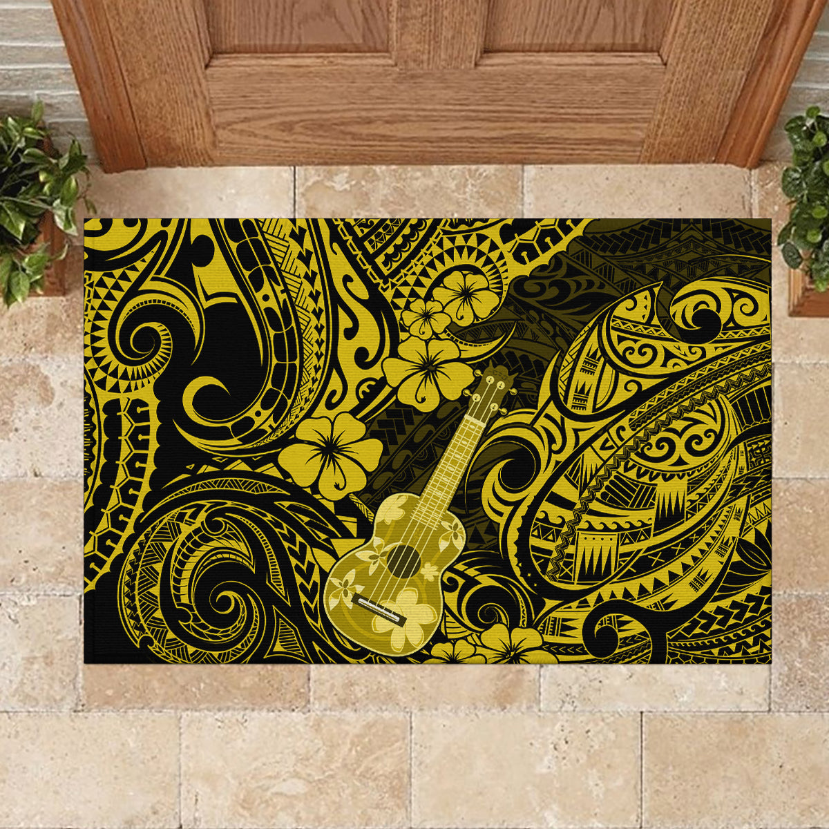 Hawaii Ukulele Rubber Doormat Polynesian Pattern Yellow Version - Wonder Print Shop
