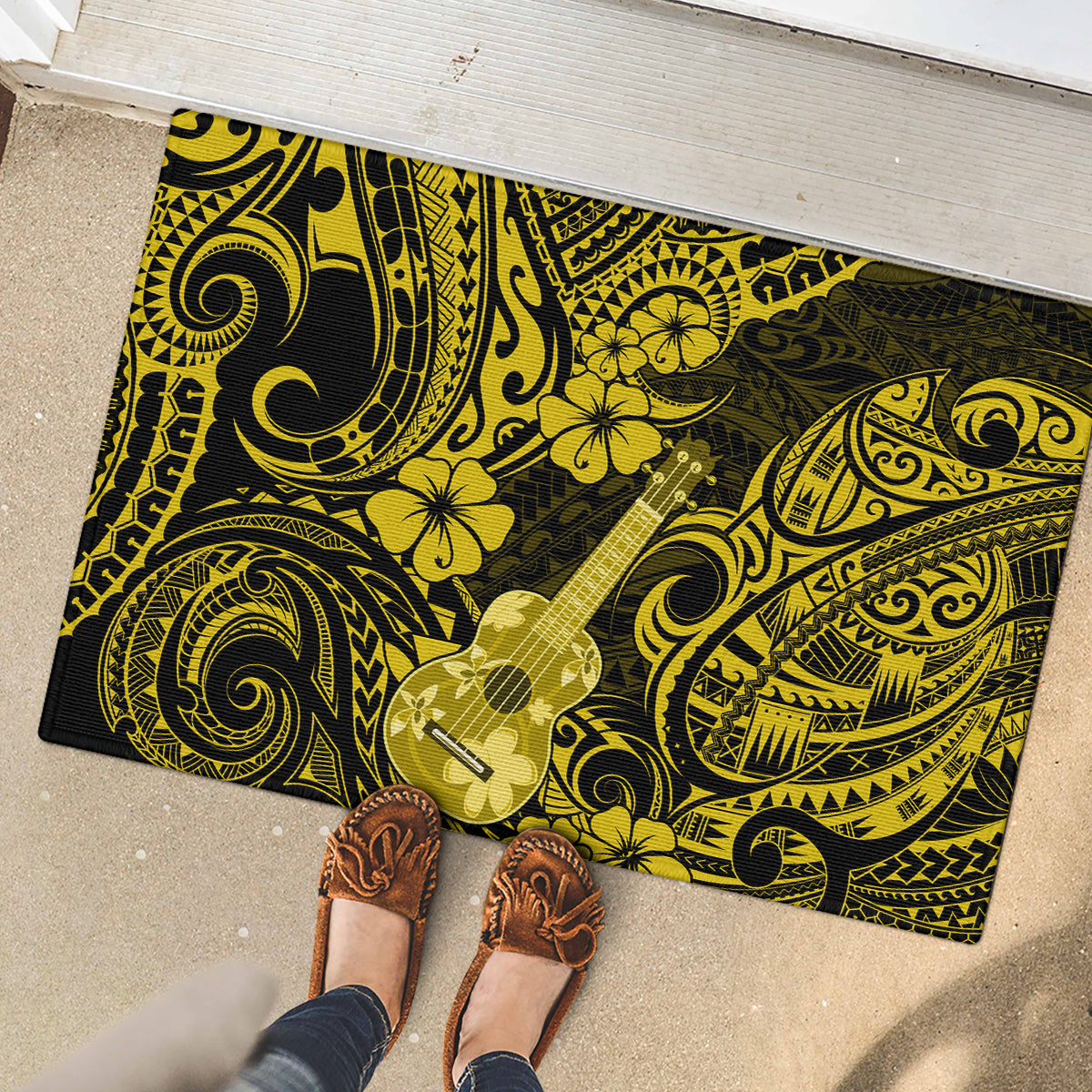 Hawaii Ukulele Rubber Doormat Polynesian Pattern Yellow Version - Wonder Print Shop