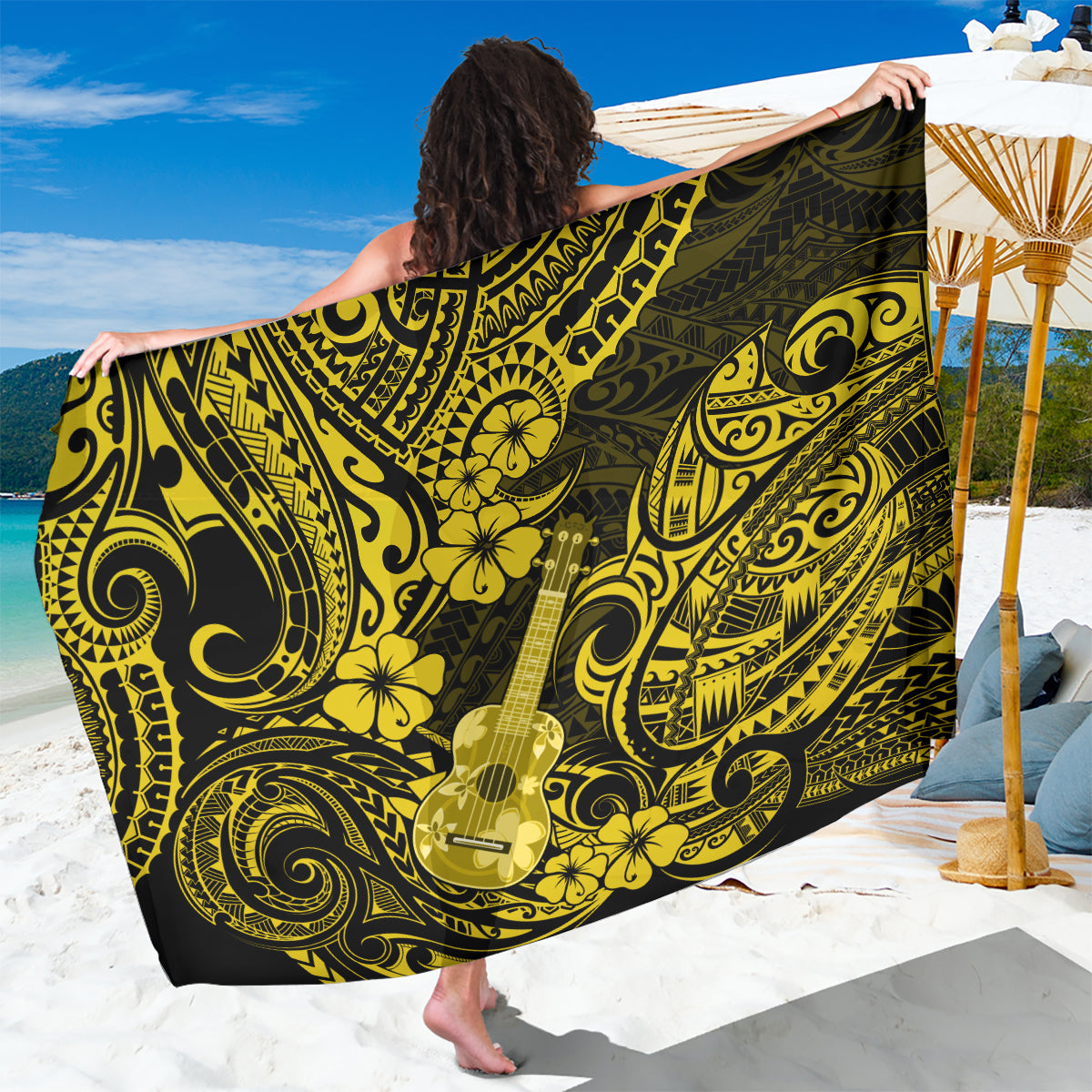 Hawaii Ukulele Sarong Polynesian Pattern Yellow Version - Wonder Print Shop