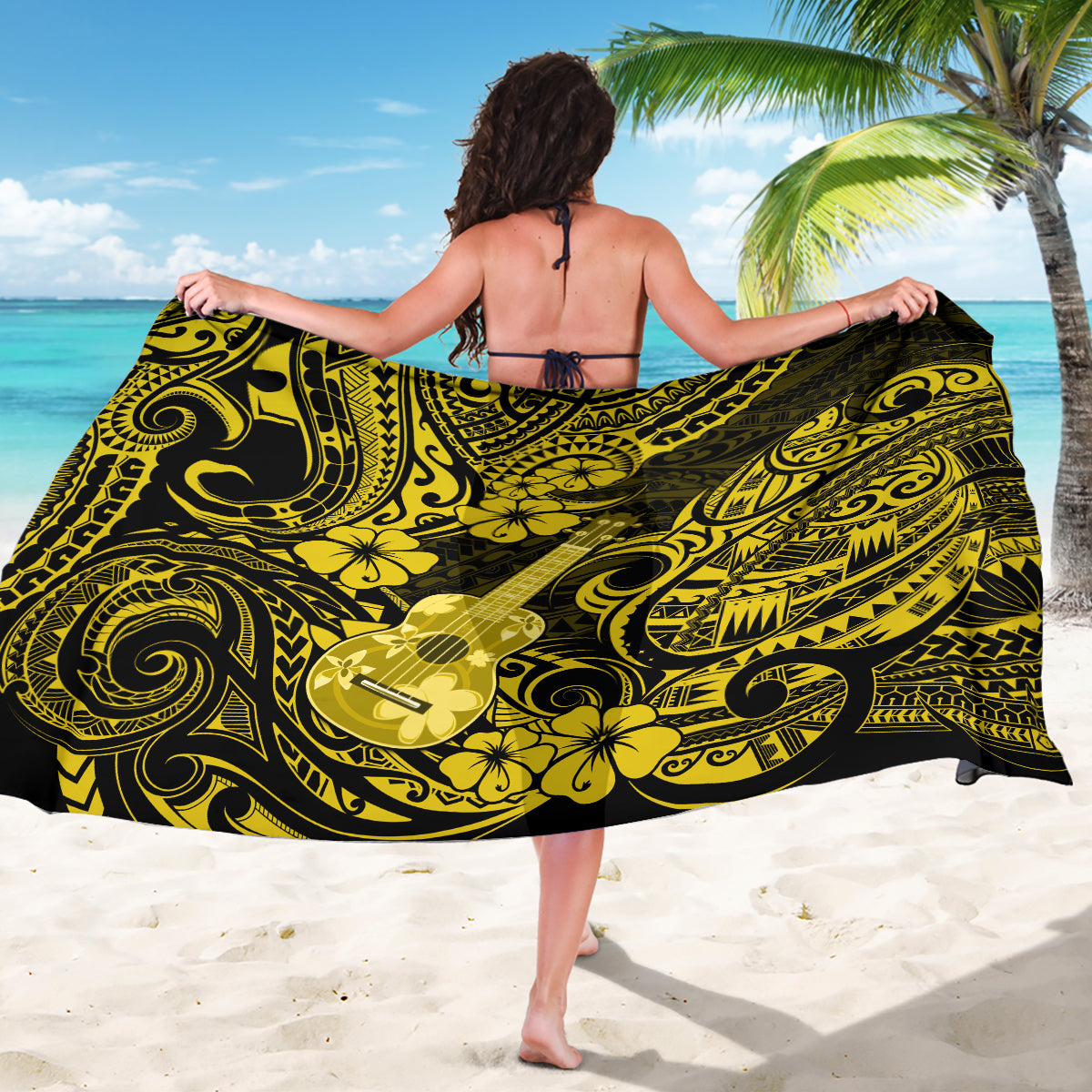 Hawaii Ukulele Sarong Polynesian Pattern Yellow Version - Wonder Print Shop