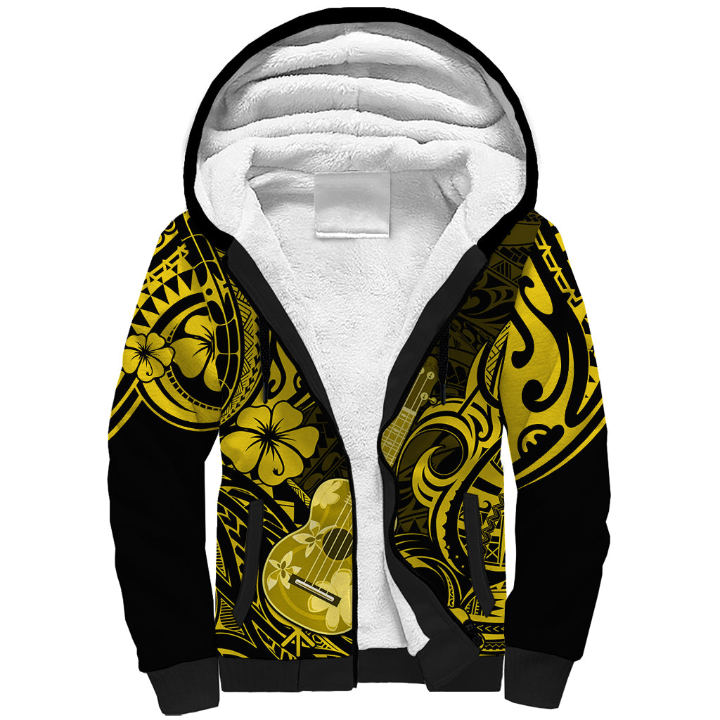 Hawaii Ukulele Sherpa Hoodie Polynesian Pattern Yellow Version - Wonder Print Shop