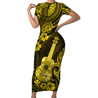 Hawaii Ukulele Short Sleeve Bodycon Dress Polynesian Pattern Yellow Version - Wonder Print Shop