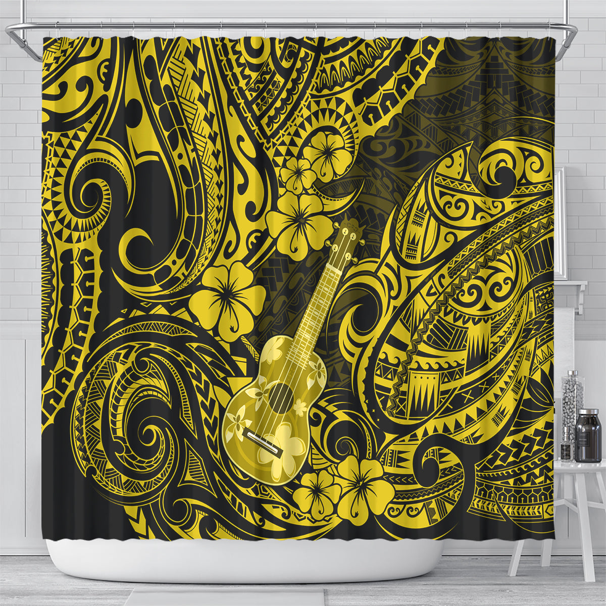 hawaii-ukulele-shower-curtain-polynesian-pattern-yellow-version