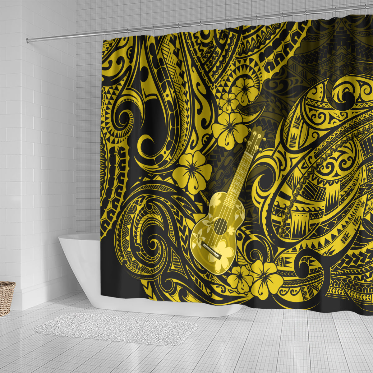 hawaii-ukulele-shower-curtain-polynesian-pattern-yellow-version