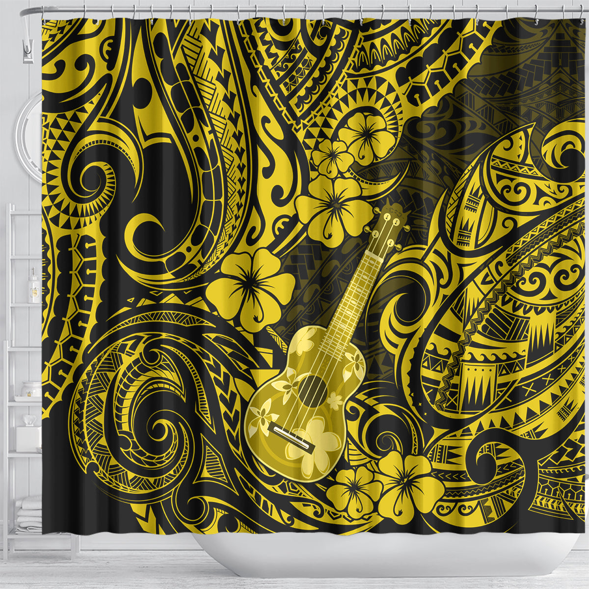 hawaii-ukulele-shower-curtain-polynesian-pattern-yellow-version
