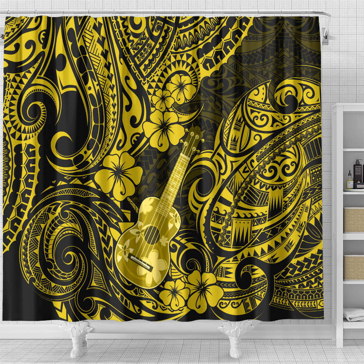 hawaii-ukulele-shower-curtain-polynesian-pattern-yellow-version