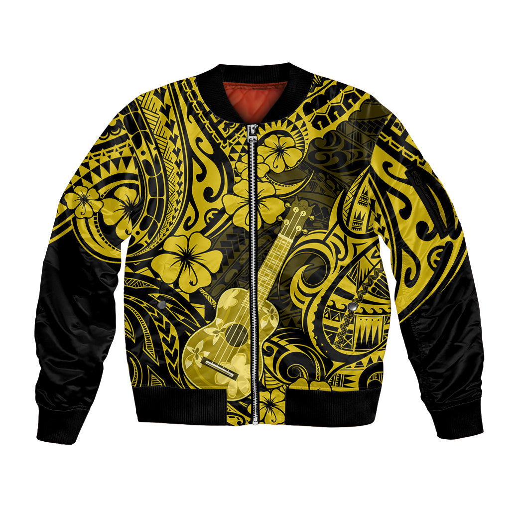 Hawaii Ukulele Sleeve Zip Bomber Jacket Polynesian Pattern Yellow Version - Wonder Print Shop