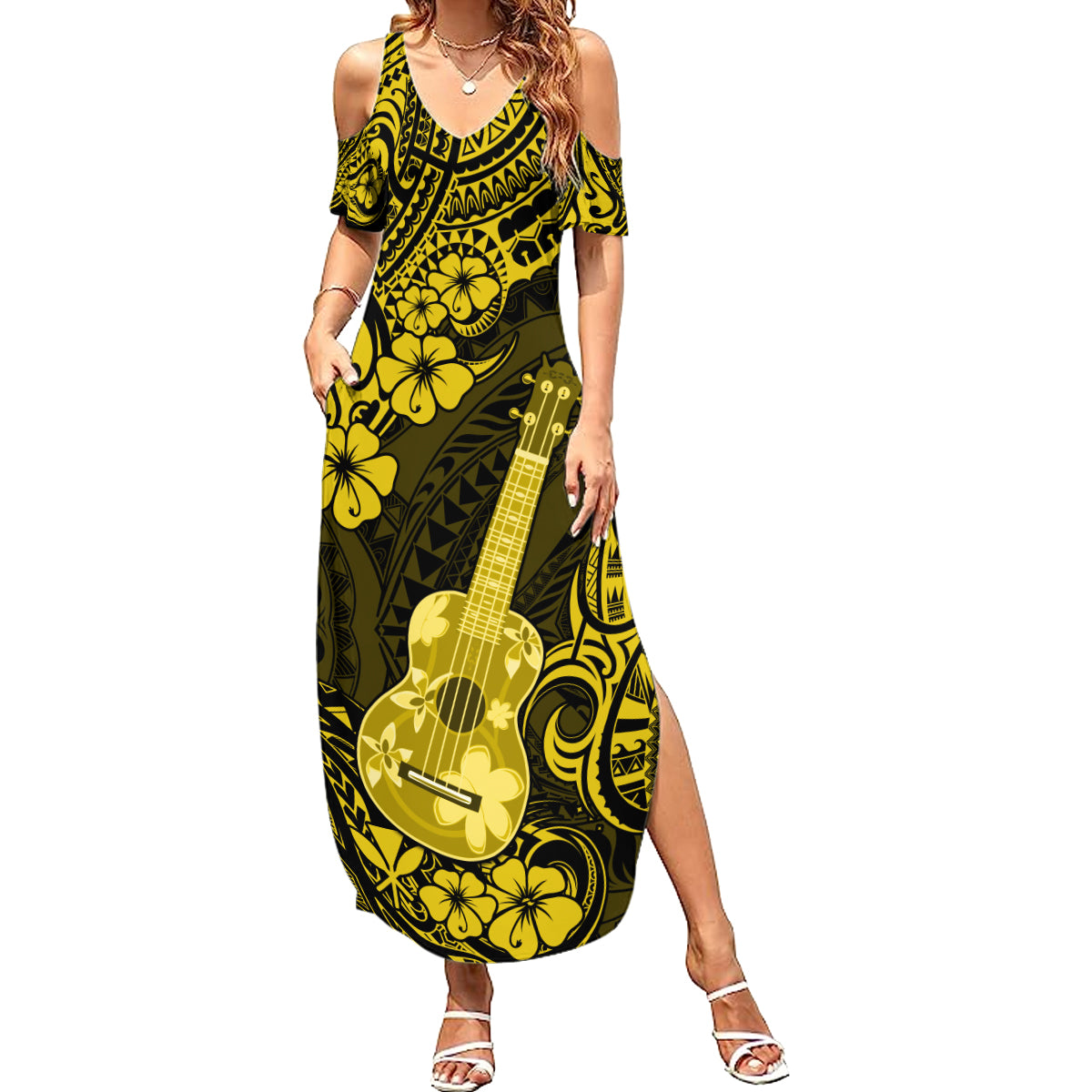 Hawaii Ukulele Summer Maxi Dress Polynesian Pattern Yellow Version - Wonder Print Shop