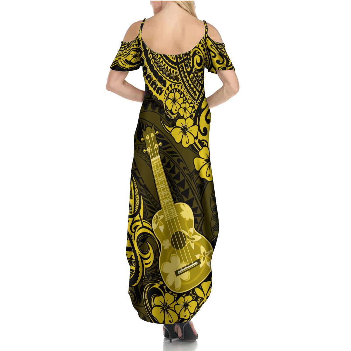 Hawaii Ukulele Summer Maxi Dress Polynesian Pattern Yellow Version - Wonder Print Shop