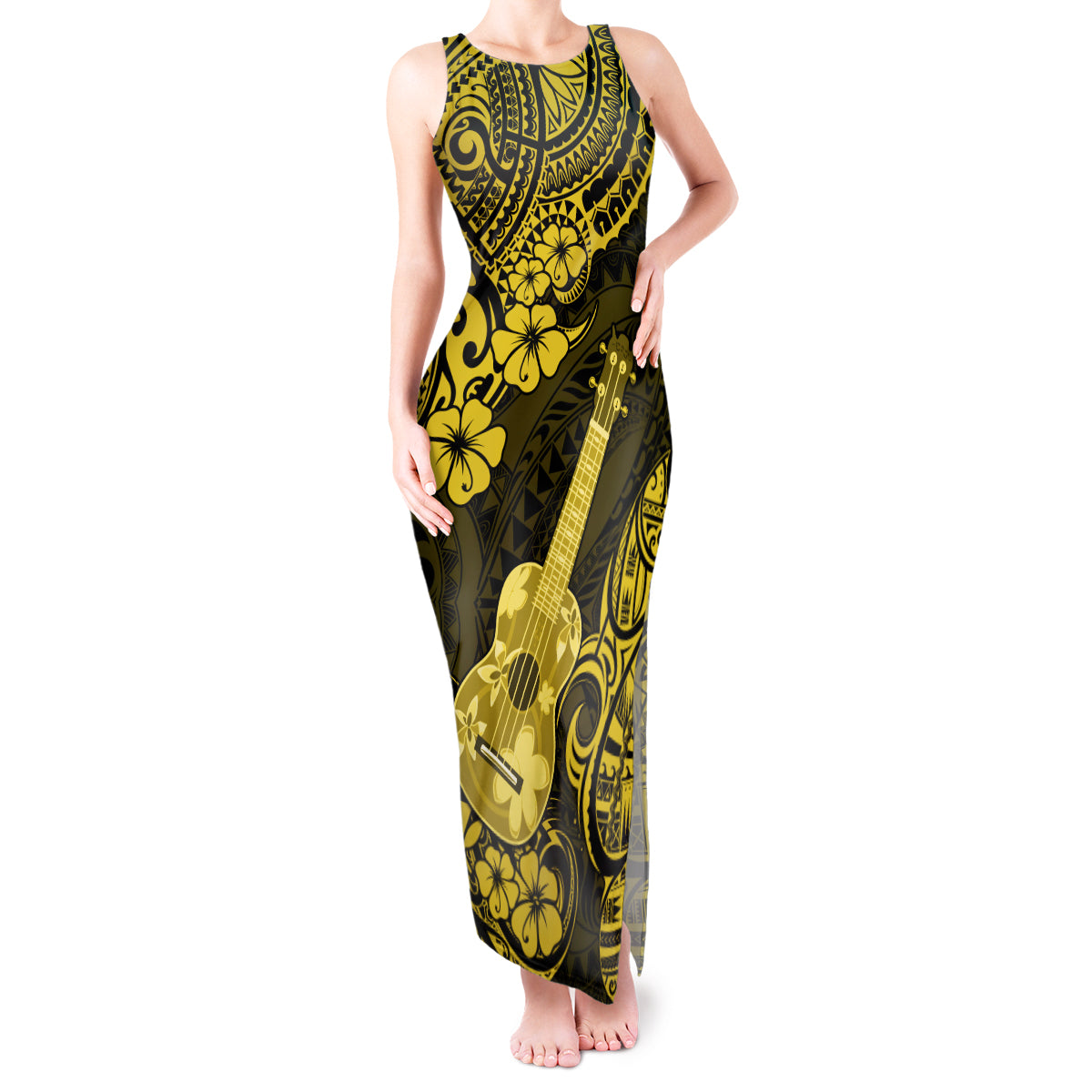 Hawaii Ukulele Tank Maxi Dress Polynesian Pattern Yellow Version - Wonder Print Shop