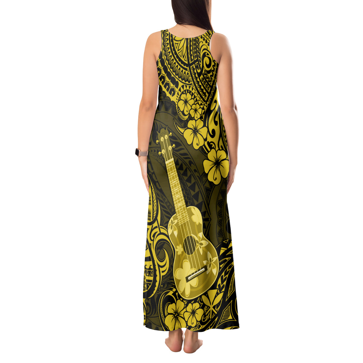 Hawaii Ukulele Tank Maxi Dress Polynesian Pattern Yellow Version - Wonder Print Shop