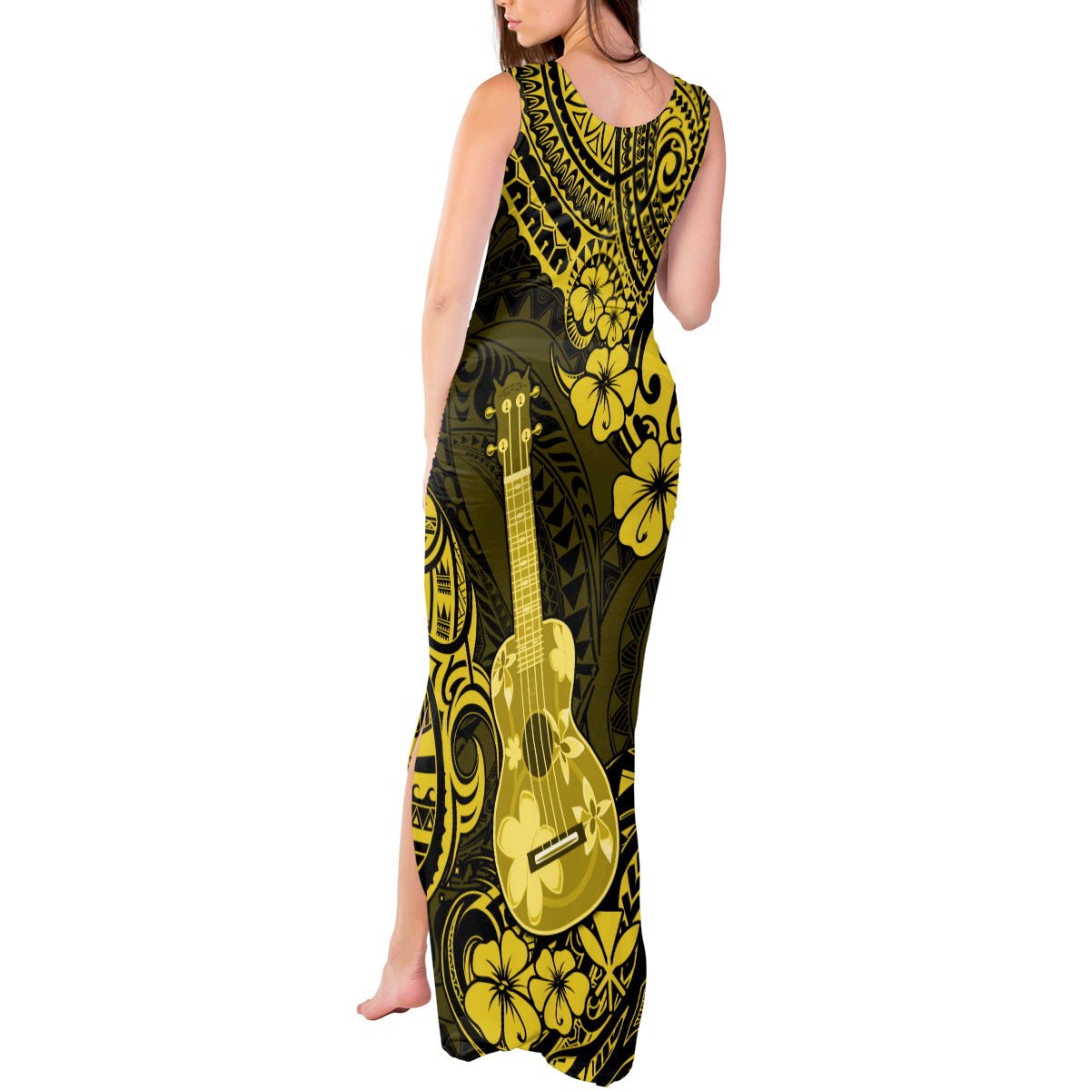 Hawaii Ukulele Tank Maxi Dress Polynesian Pattern Yellow Version - Wonder Print Shop