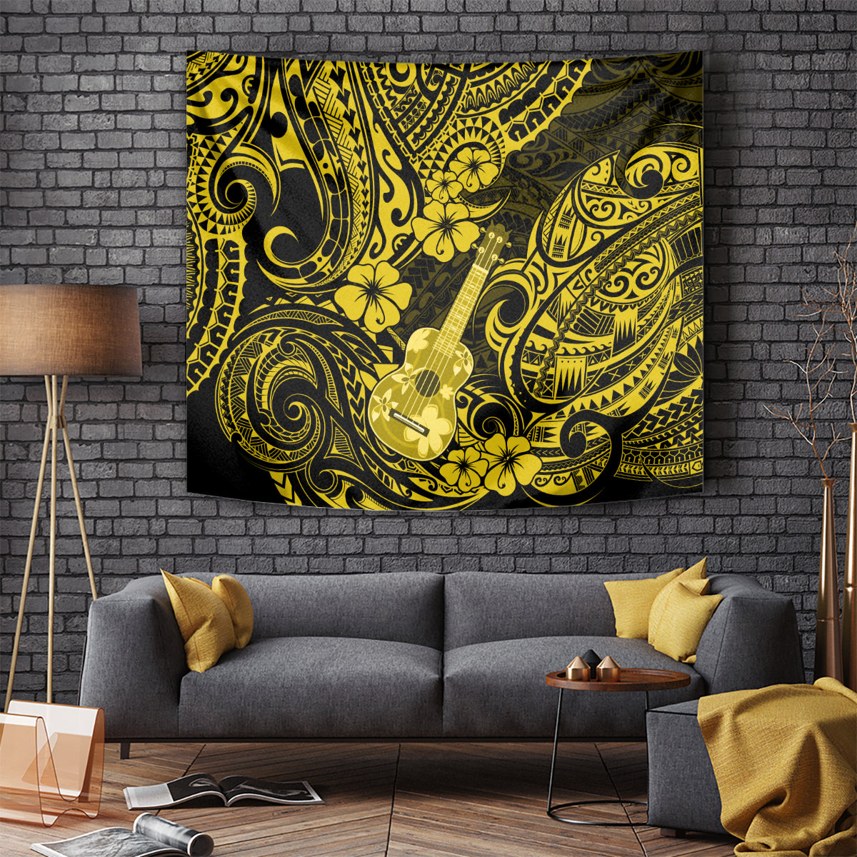 Hawaii Ukulele Tapestry Polynesian Pattern Yellow Version - Wonder Print Shop