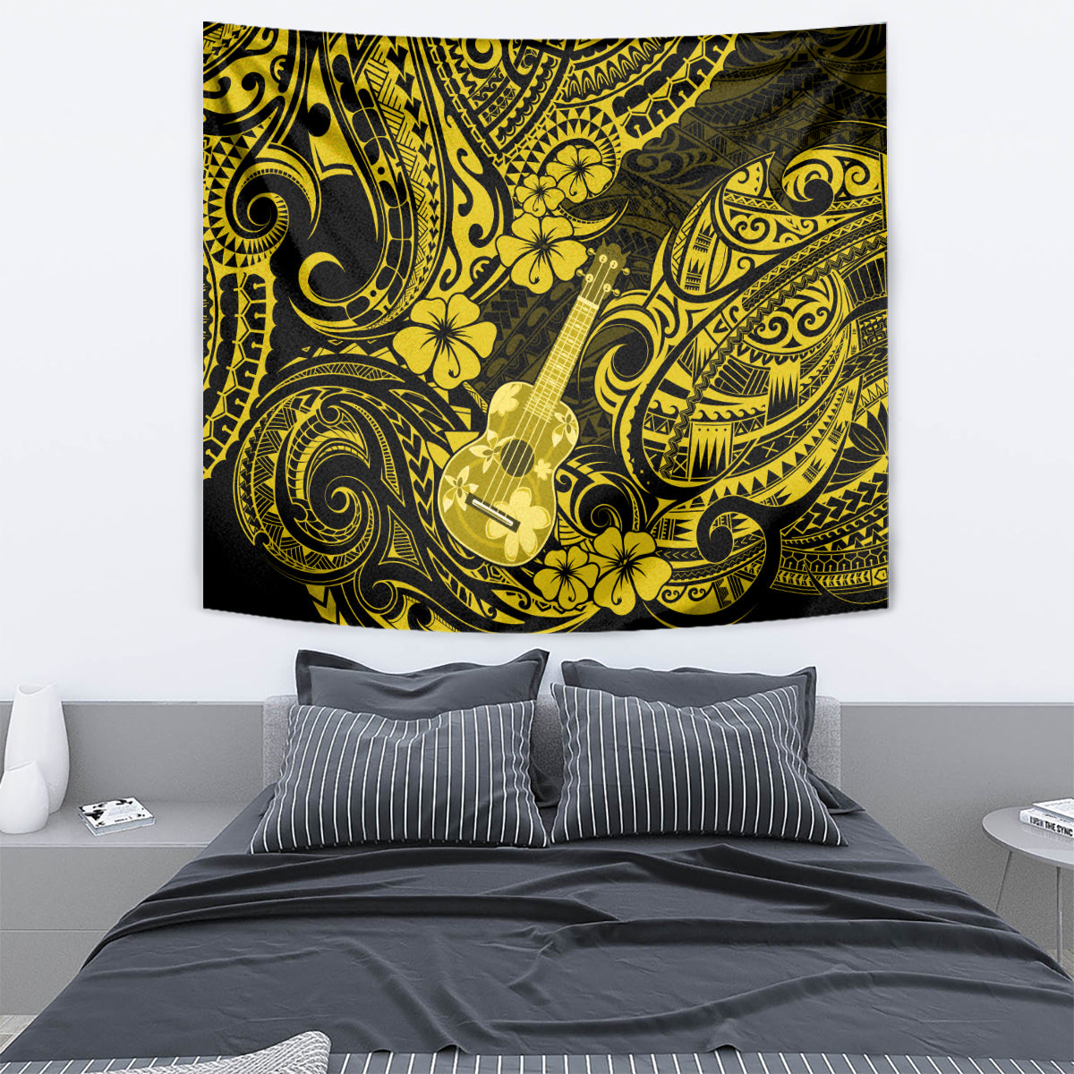 Hawaii Ukulele Tapestry Polynesian Pattern Yellow Version - Wonder Print Shop
