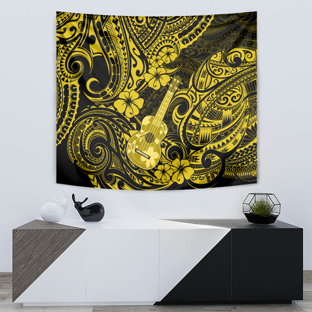 Hawaii Ukulele Tapestry Polynesian Pattern Yellow Version - Wonder Print Shop