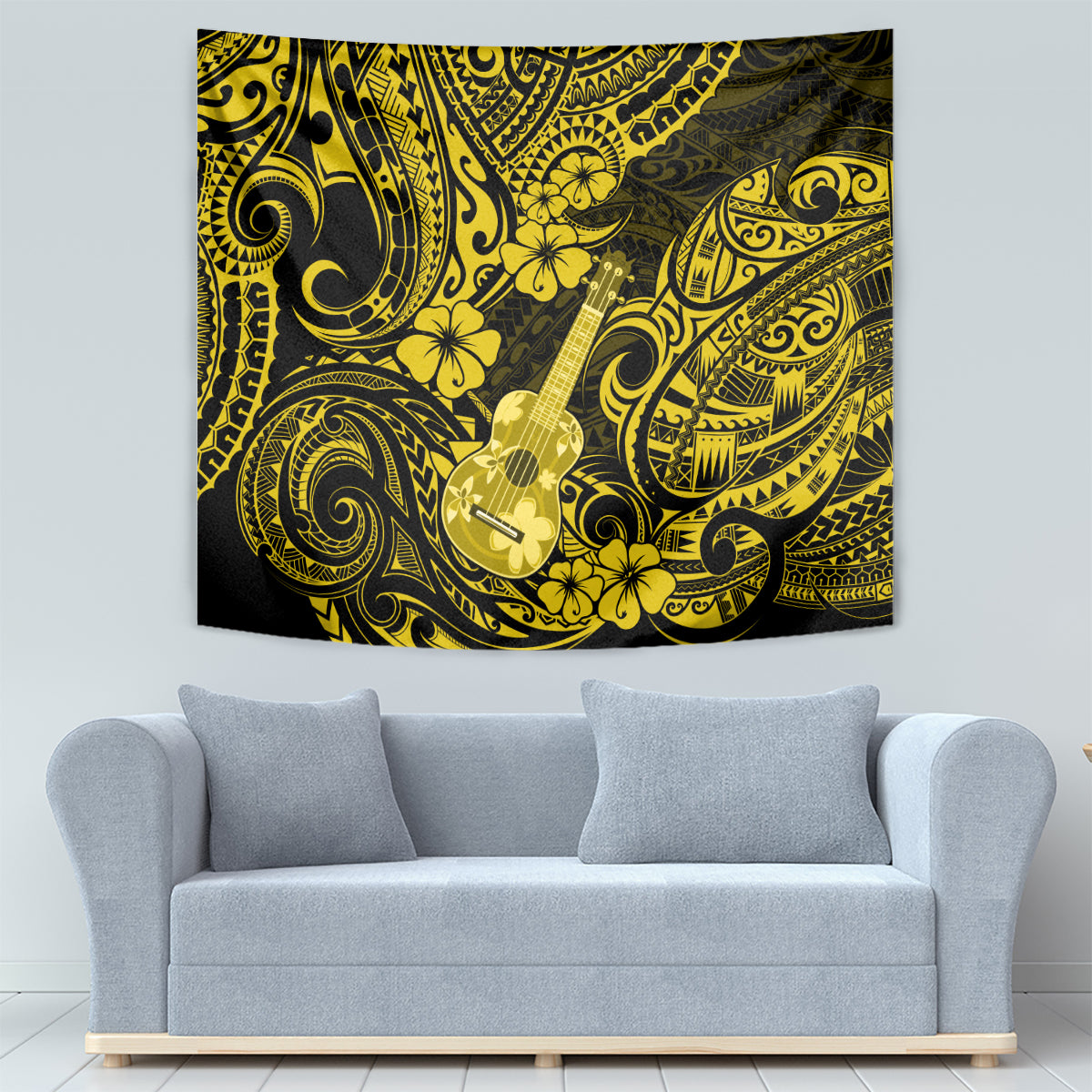 Hawaii Ukulele Tapestry Polynesian Pattern Yellow Version - Wonder Print Shop