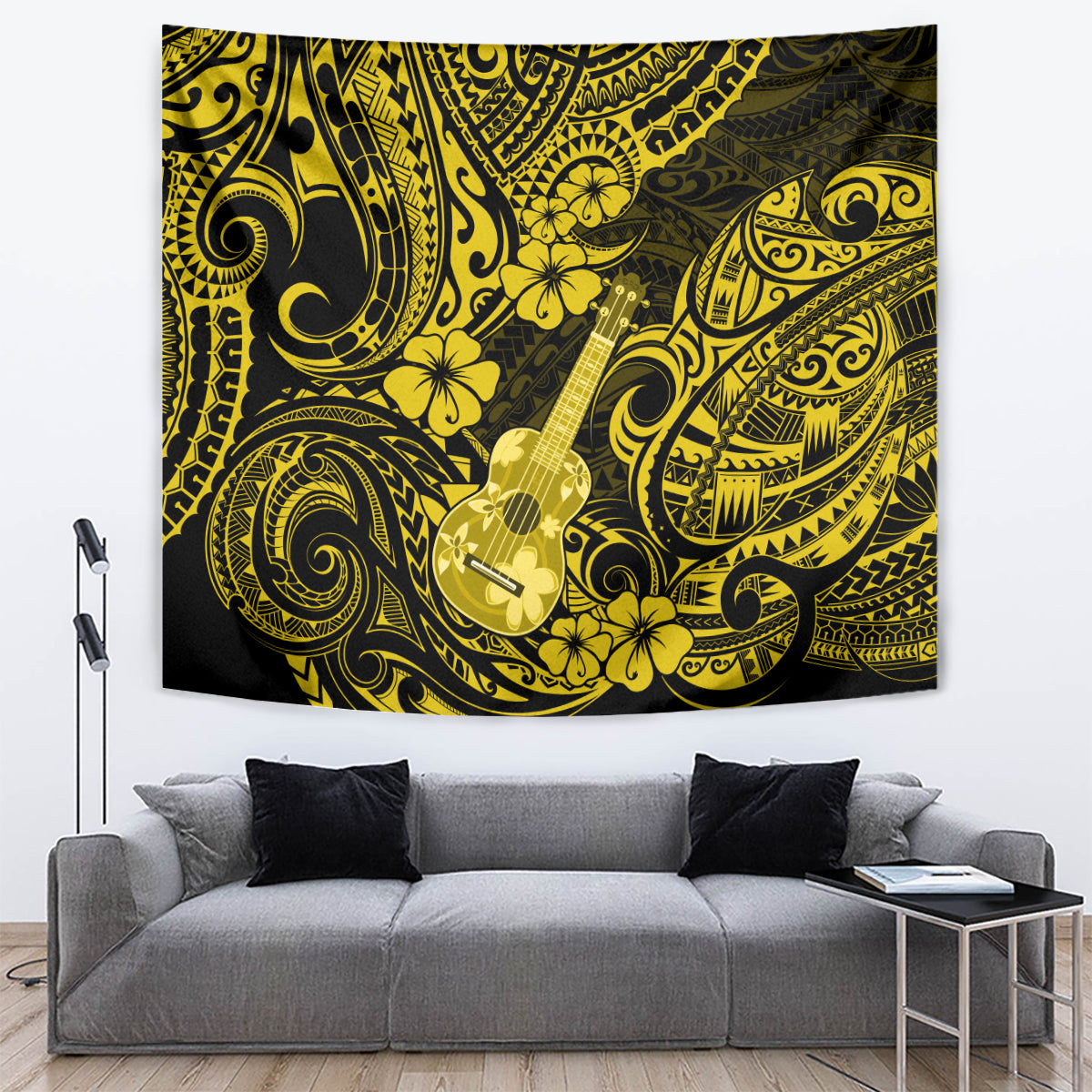 Hawaii Ukulele Tapestry Polynesian Pattern Yellow Version - Wonder Print Shop