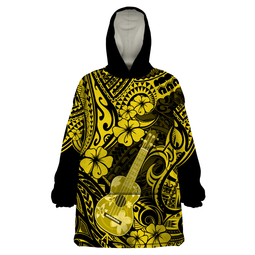 Hawaii Ukulele Wearable Blanket Hoodie Polynesian Pattern Yellow Version - Wonder Print Shop